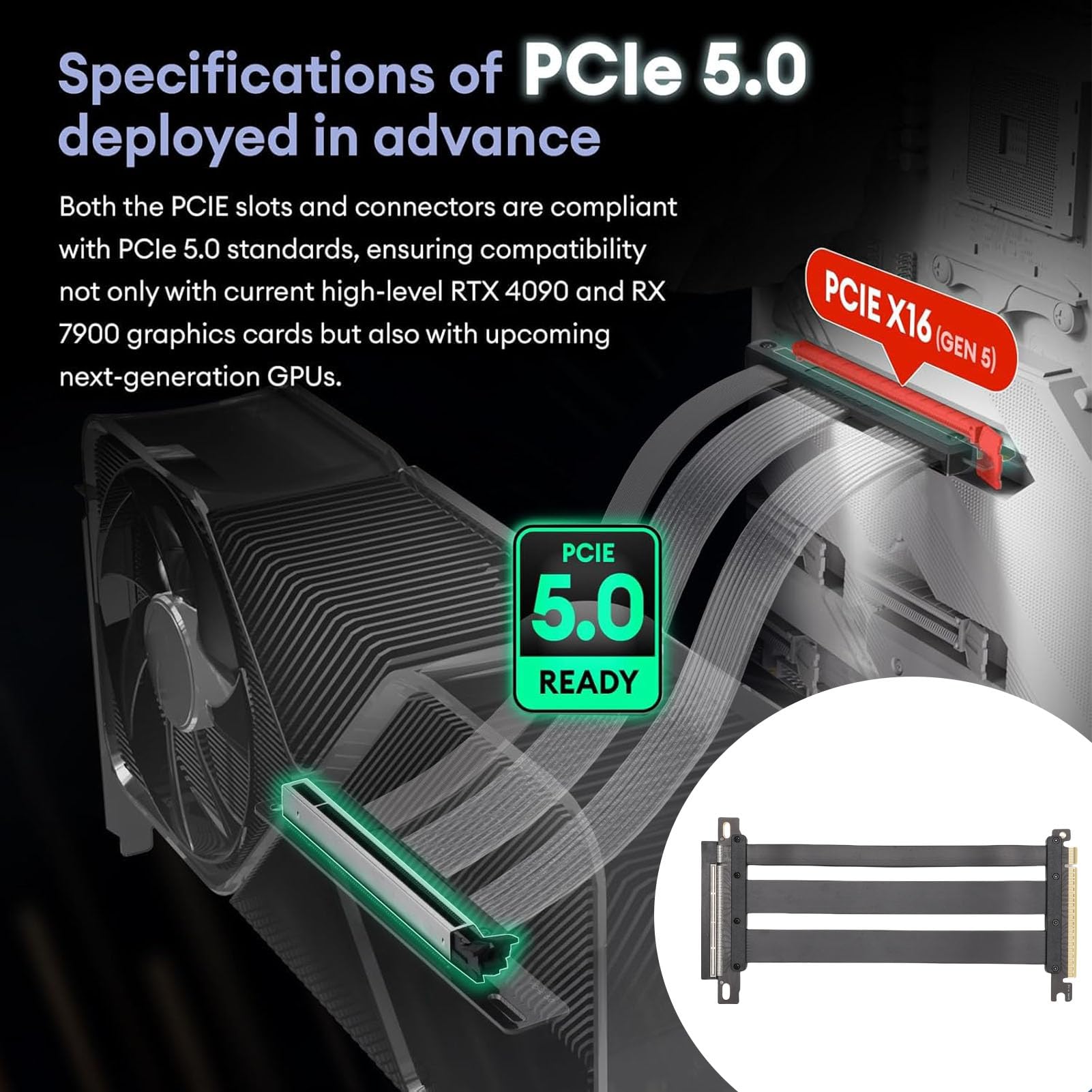 PCIE 5.0 X16 Riser -Kabel, Gen 5 GPU -Grafikkartenverlängerungskabel, 128 GB/s -Geschwindigkeit, Kompatibel mit PCIE 4.0 und WRX80/90E RTX4090/5090/RX8900/RX7900 (30cm)