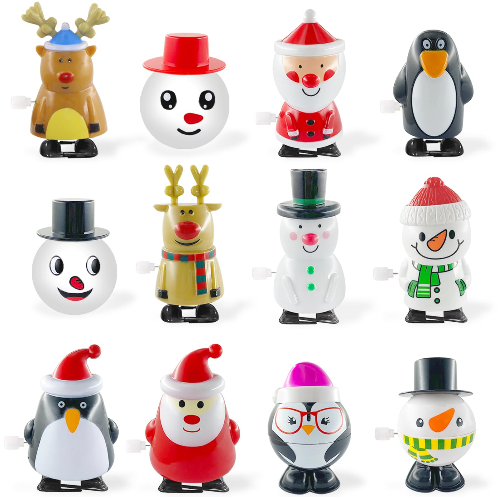 Toyvian 12 pezzi giocattoli a forma di renna pinguino pupazzo di neve Babbo Natale statuetta a carica di Natale decorazione orologio giocattolo regalo per bambini (stile casuale