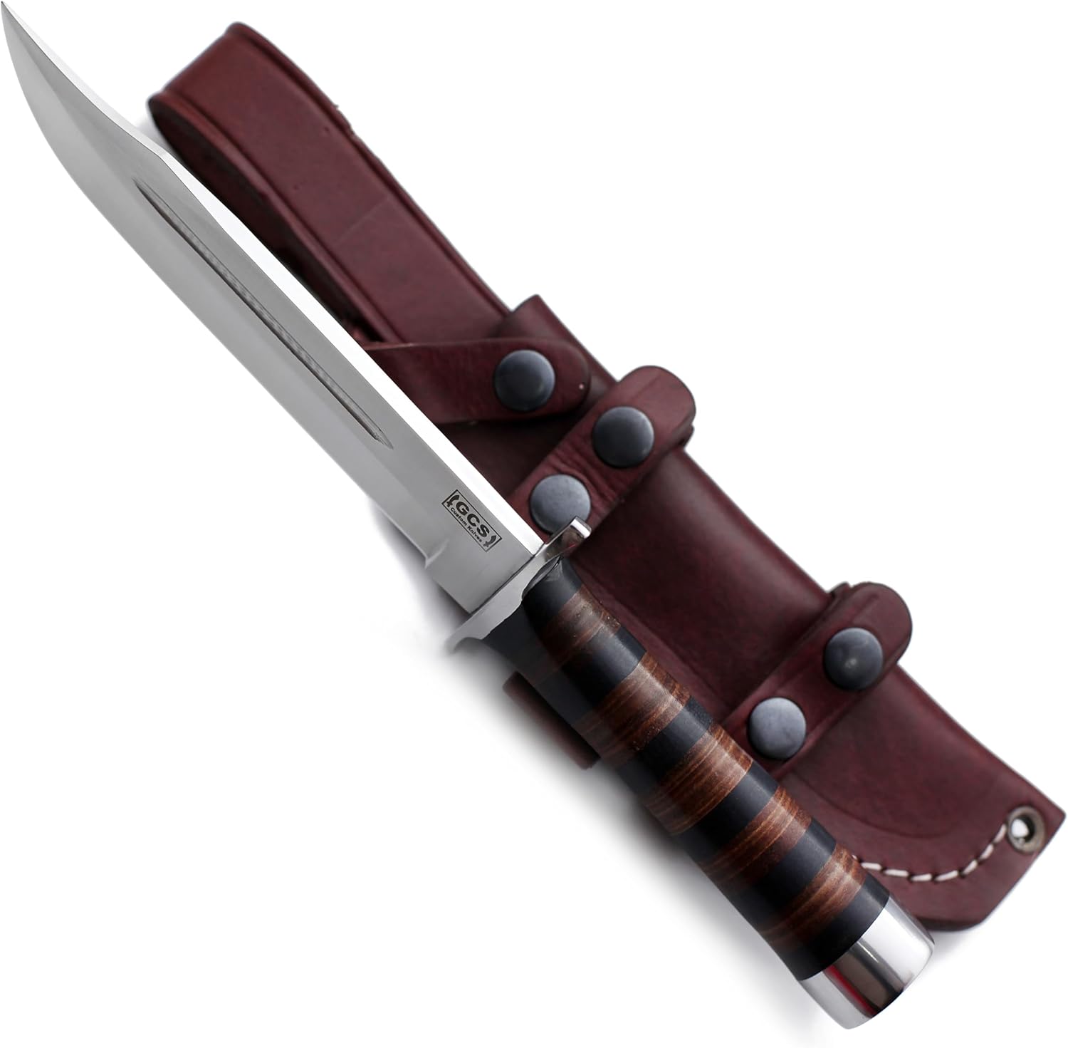 GCS Handmade Stacked Leather Handle D2 Tool Steel Tactical Hunting Knife with leather sheath Full tang blade designed for Hunting & EDC GCS 501