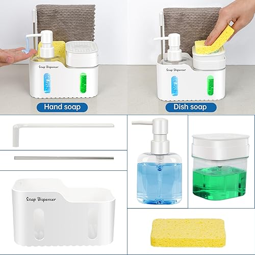 Miniatura 3 de Juego de dispensador de jabón de manos y jabón para platos para cocina, dispensador de jabón doble con soporte para esponja y soporte para paños de