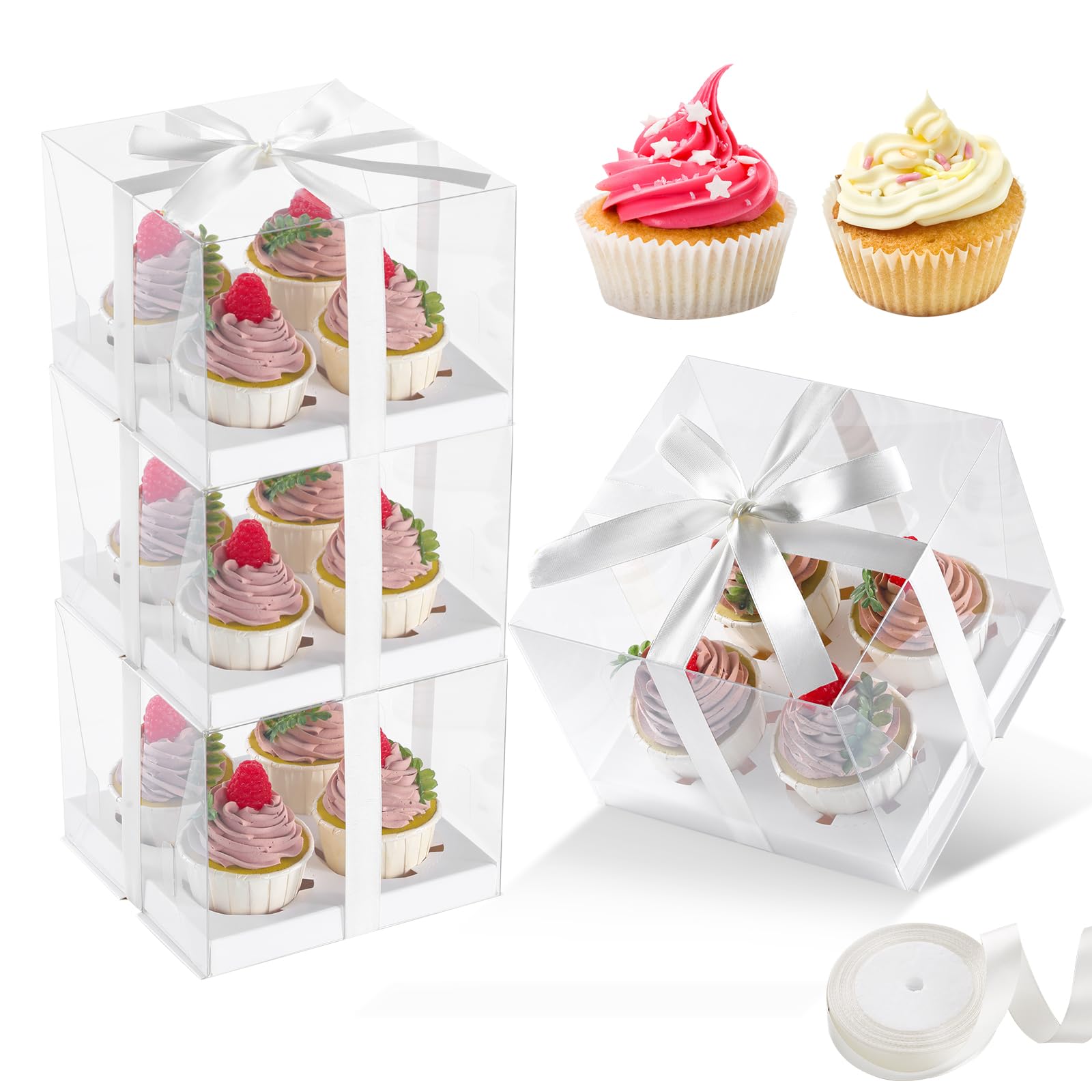 JCD 4Pack Clear Cupcake Boxes, 4 Count Cupcake Containers with Gift Ribbon,5.3inches height Plastic Cupcake Carrier Holder for Treat Dessert Cookies Muffins Pastry Baby Shower Party(4count/4pcs)