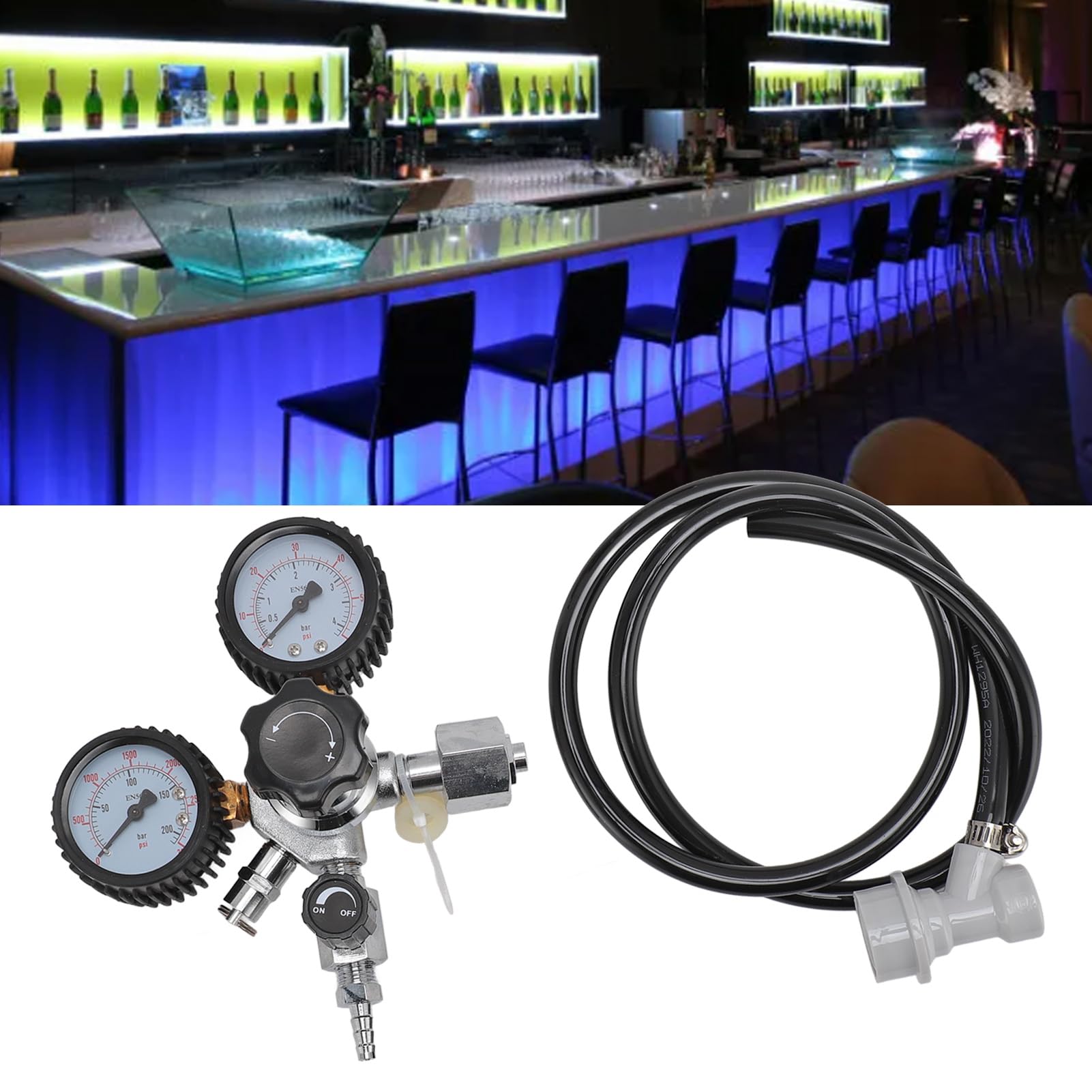 Buachois Regulador de CO2 de Barril de Cerveza, W21.8 Reductor de de Botella de Gas de Presión con Manómetro Doble Contador de Burbujas de Retencion para Máquina de Elaboración Dispensador de Cerveza