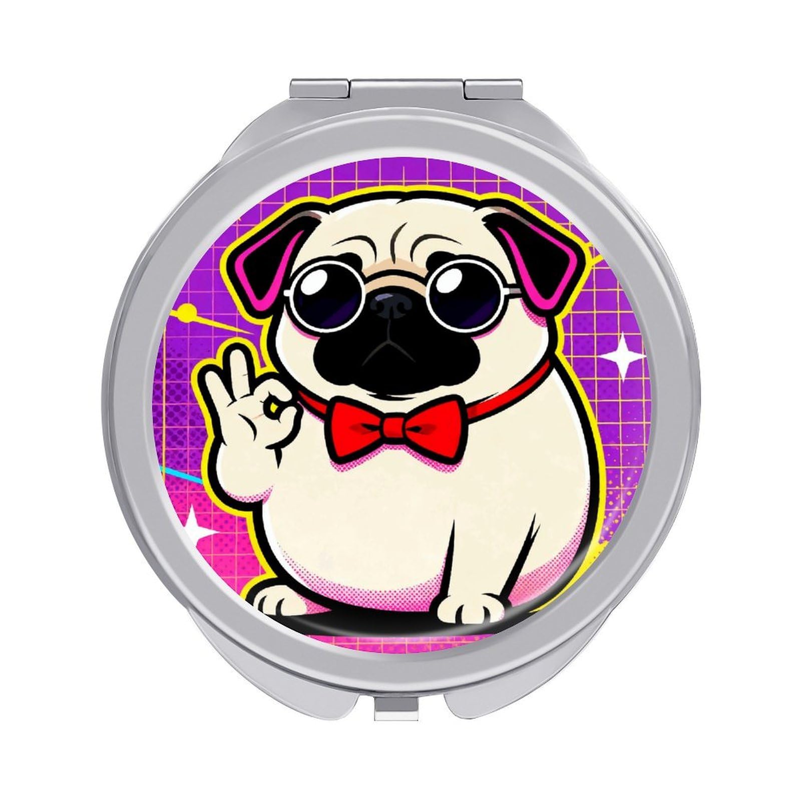 LZQPOEAS Cute Pug Dog Print Compact Mirror, Double-Sided Folding Makeup Mirror, Durable Metal Travel Pocket Mirror for Purse, Portable Round Touch-Up Mirror for Table Gifts and Everyday Use