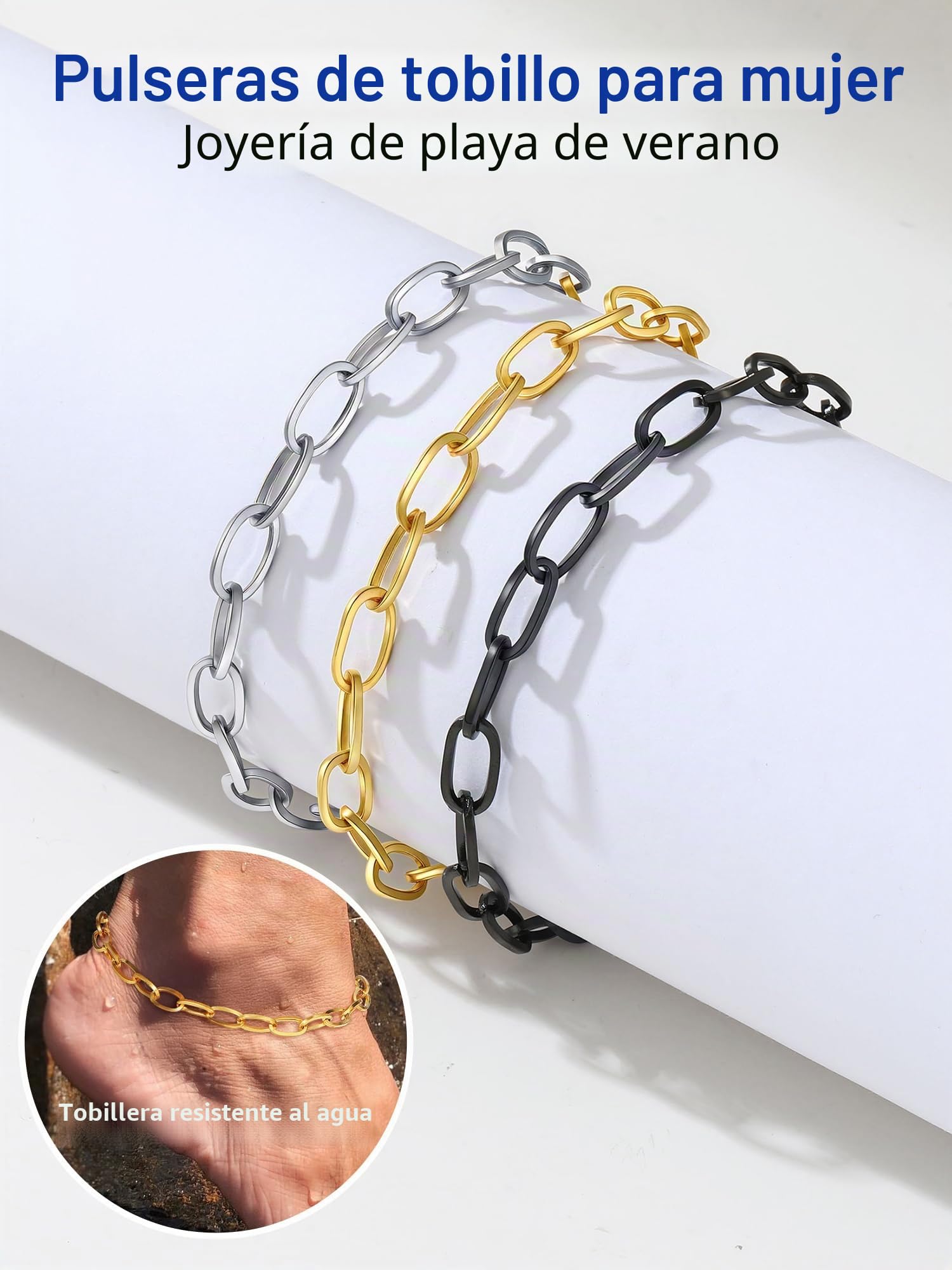 PROSTEEL Tobilleras Pulseras Acero Inoxidable 2PCS/3PCS Pulseras de Tobillo Cadena de Clip Multicapa Conjunto Joyas de Mujer Chica para Verano Playa 22cm+5cm