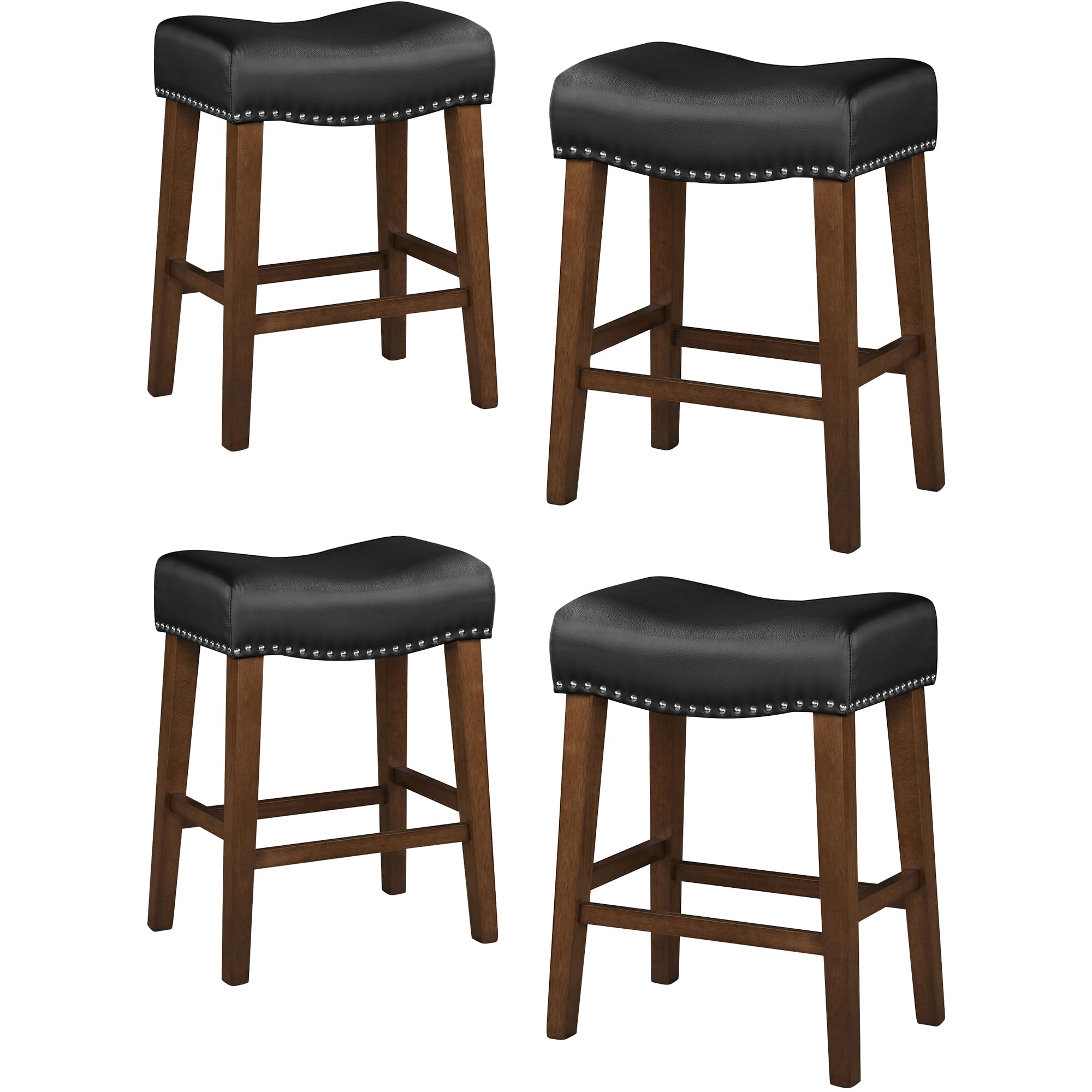 24" Backless Bar Stools Set of 4 - Counter Height Barstools with Faux Leather Upholstered Saddle Seat, Modern Wood Backless Bar Stools for Kitchen Island, Black