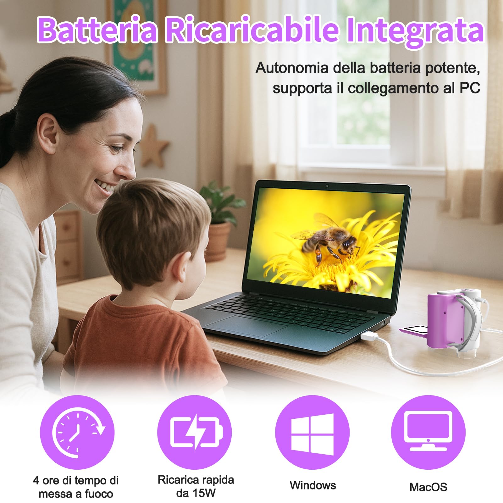 USCAMEL Microscopio Digitale Portatile per Bambini: 1000x ingrandimento, schermo HD da 2 pollici, connessione USB, Attrezzo educativo microscopio portatile per bambini età 7-12 anni (Viola)