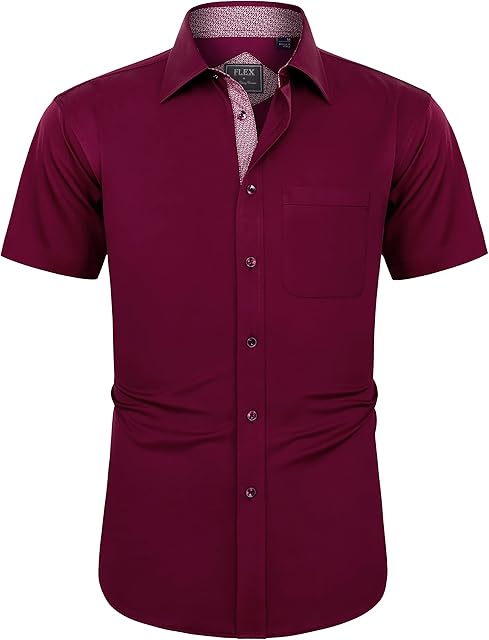 J.VER Men's Dress Shirt Short Sleeve Regular Fit Business Casual Formal Shirt Button Down Wedding Work Office Stretch Non Iron Burgundy Red M