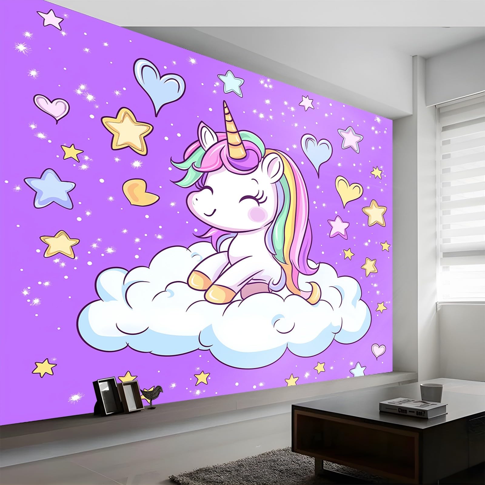 Panoramiczna tapeta fantazyjna jednorożec chmury fioletowy różowy 200 x 140 cm (szer. x wys.), dekoracja ścienna do sypialni salonu nowoczesny design do salonu dekoracja pokoju dziecięcego dla