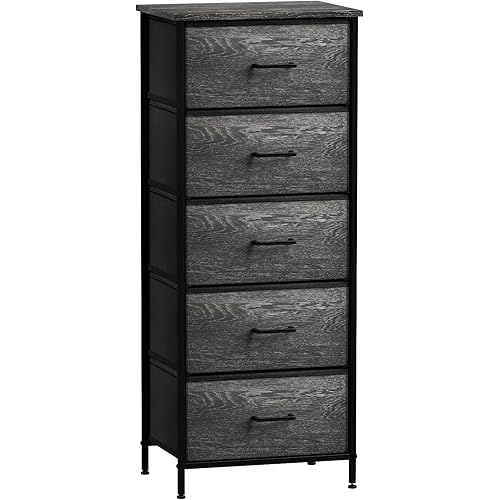 Sorbus Nightstand Dresser with 5 Faux Wood Drawers – Tall Bedside Table Chest with Storage, Steel Frame, Wood Top, Easy Pull Fabric Bins for Bedroom, Living Room, Closet & Dorm Furniture Lamp Stand
