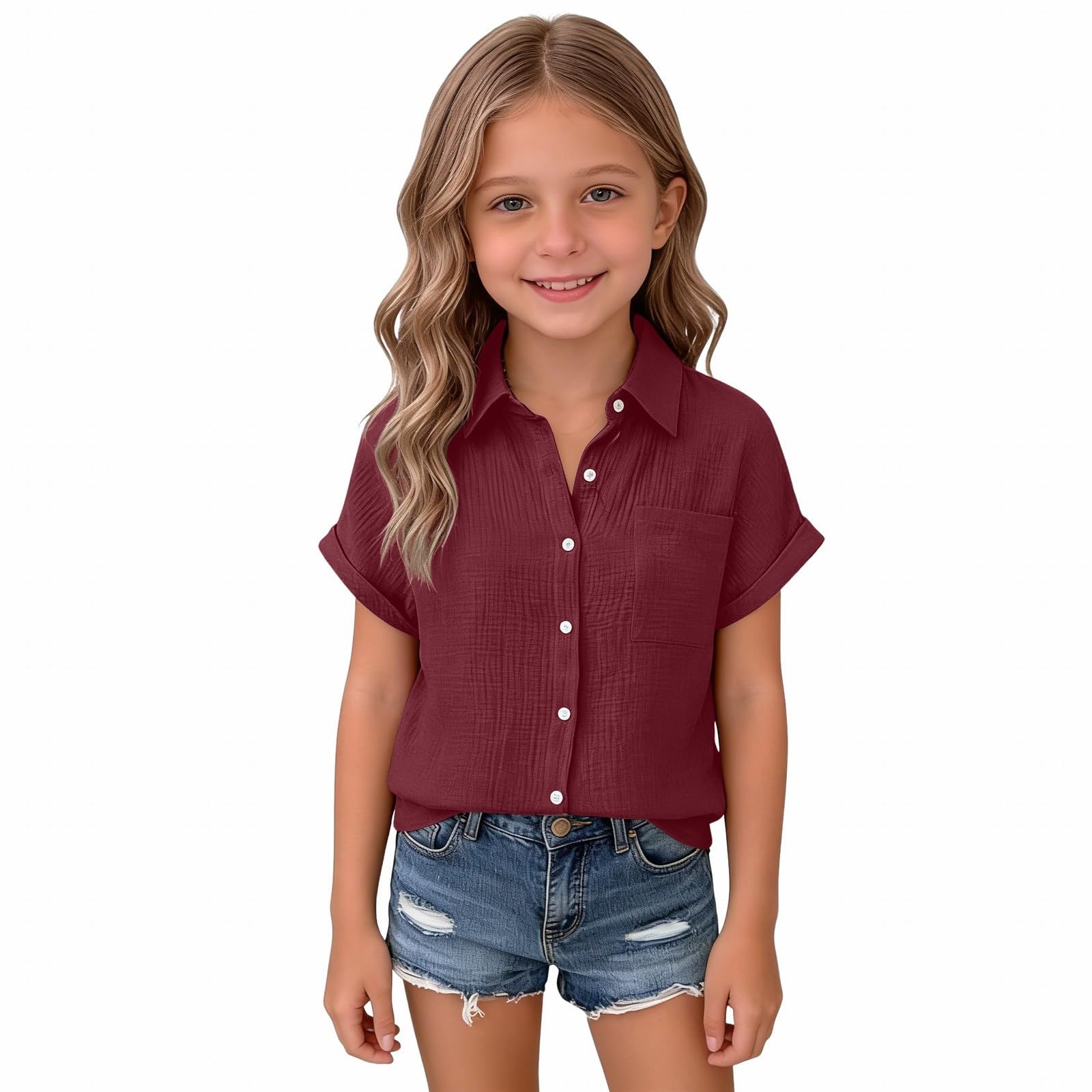 Blusen & Tuniken für Mädchen Casual Musselin Bluse Einfarbig Leinenhemd Locker Baumwolle Leinen Hemd Knöpfe Revers Sommerhemd Dünne Sommer Shirt Leichte Kurzarm Freizeithemden für Kinder Tops Shirts