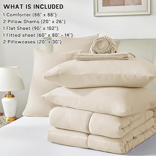 Miniatura 7 de Anluoer Juego de edredón Queen de 7 piezas, ropa de cama beige en una bolsa con sábanas, edredones tamaño Queen con 1 edredón, 2 fundas de almohada,