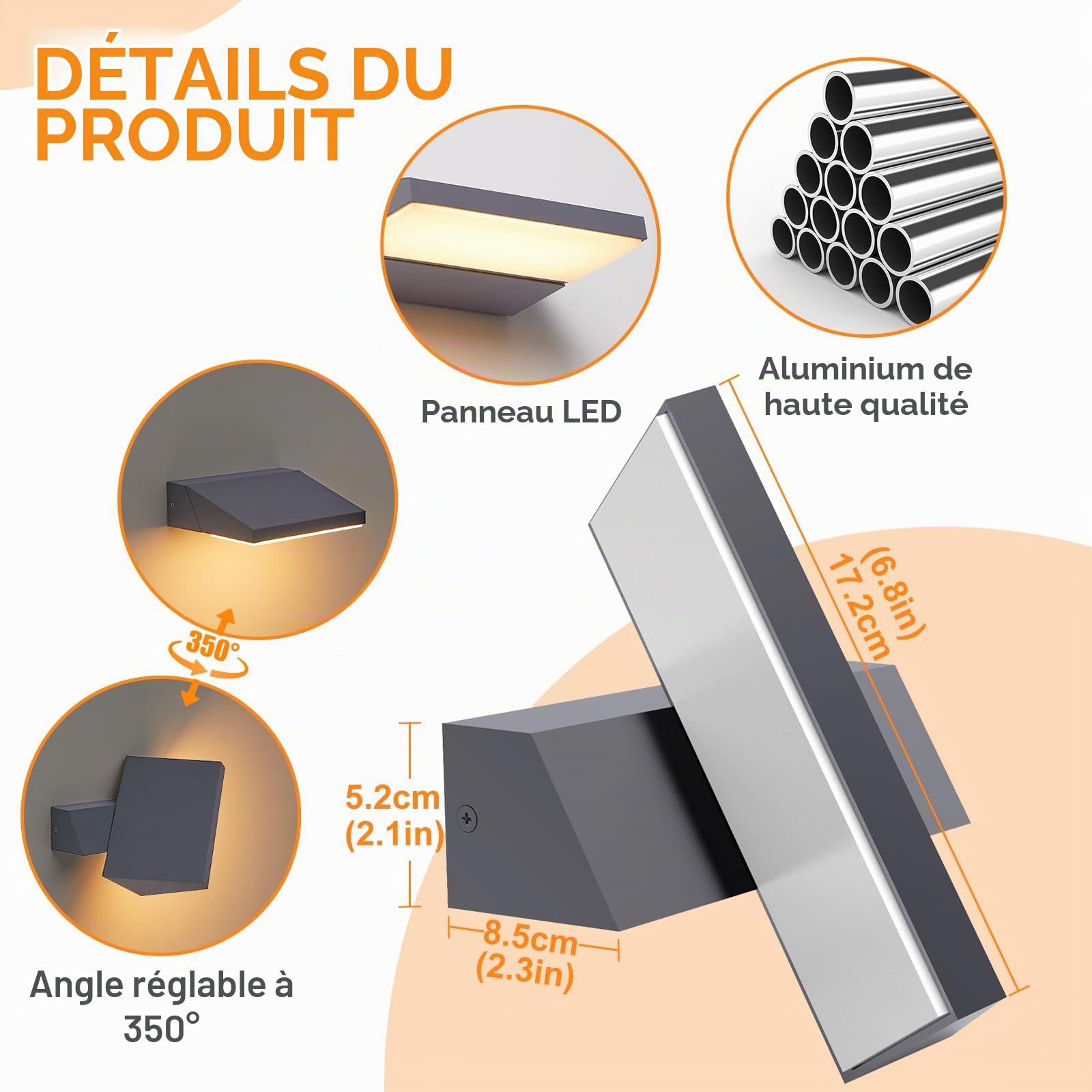 Applique Murale Exterieur LED - Moderne Luminaire Extérieur IP65 Étanche Lampe Lumière Mural Exterieure, 2700K Réglable Éclairage Murale d'Extérieur Aluminium Blanc Chaud, Anthracite Gris