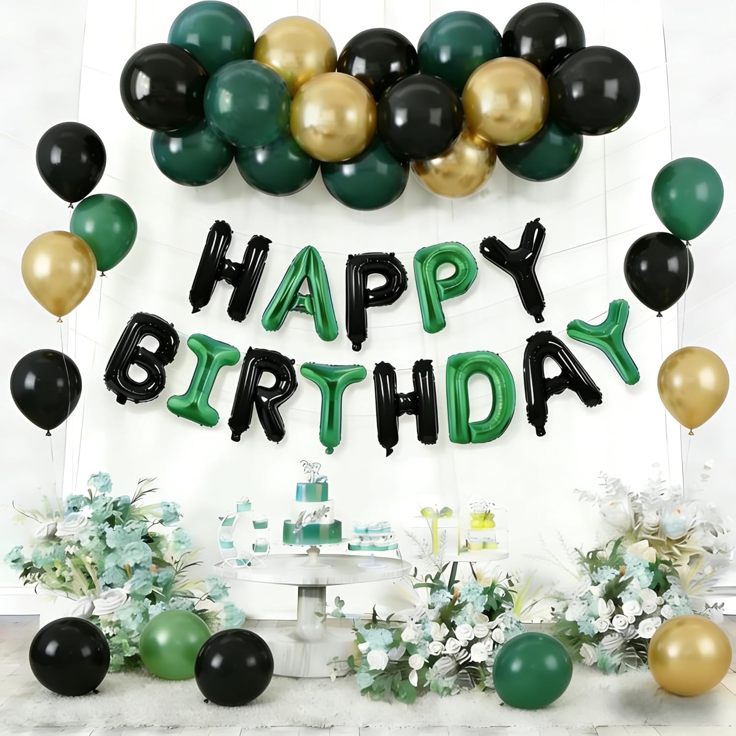 43-Piece Black Green Gold Birthday Balloon Set - Reusable Self-Sealing Foil Balloons for Adult Party Decorations, Includes HAPPY BIRTHDAY Letters & Accessories