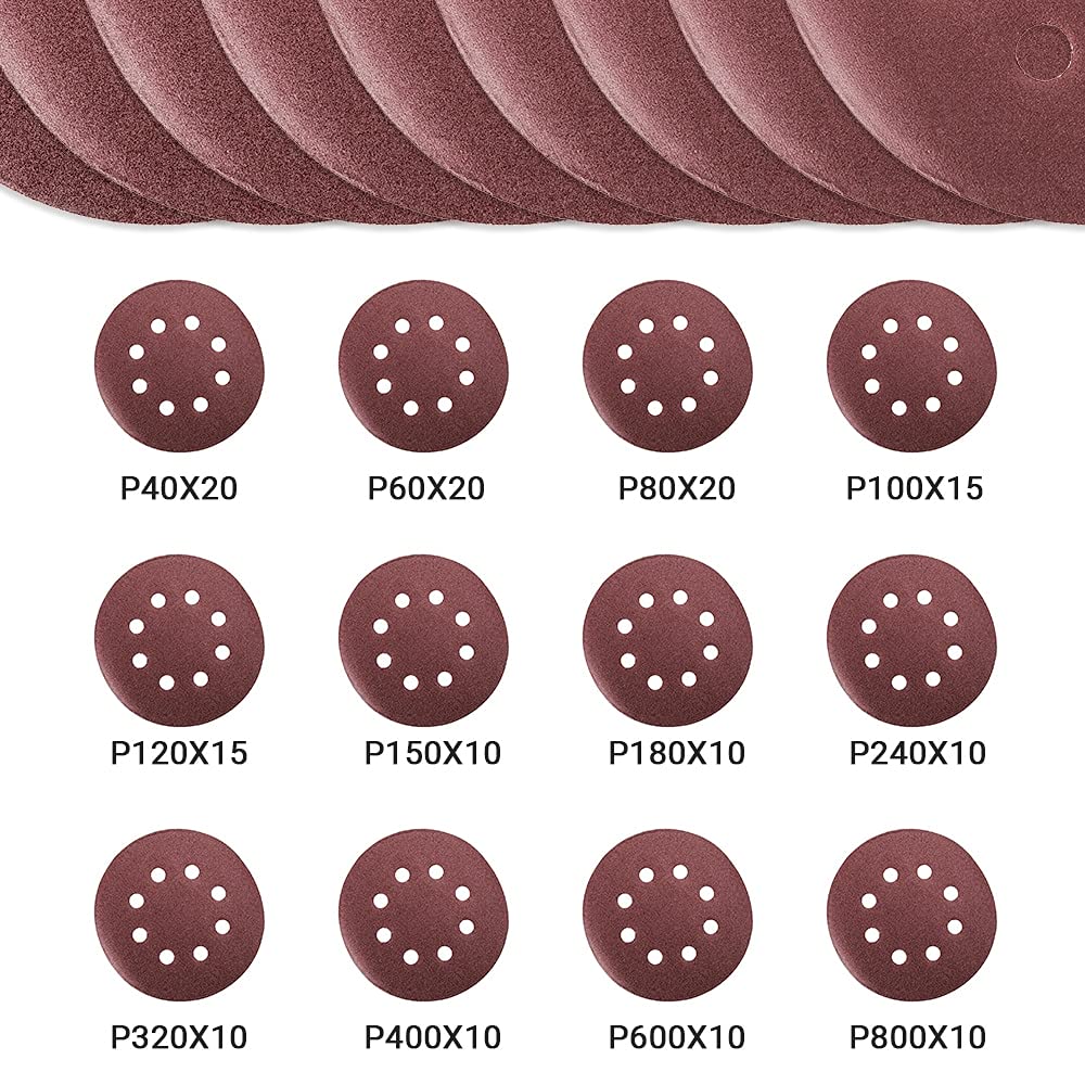 Papel de lija abrasivo ZSBLXHHJD 160 piezas 5 "125 mm papel de lija redondo de ocho orificios de arena de arena de arena 40-800 Hook and Loop Disc Pules (Color : 160 PCS)