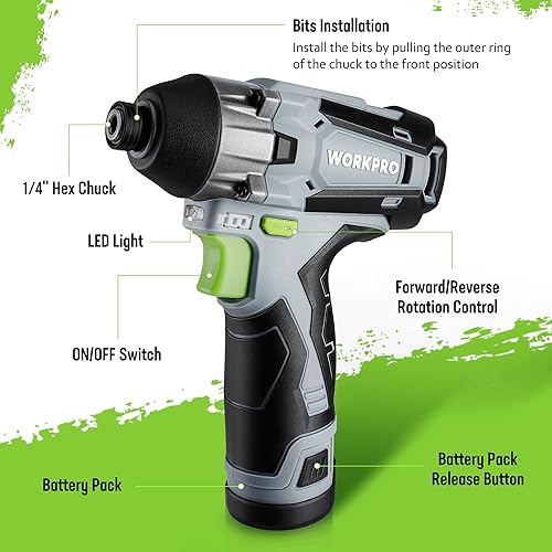 Miniatura 2 de WORKPRO Kit de destornillador de impacto inalámbrico, juego de taladro de impacto eléctrico hexagonal de 14 pulgadas con batería de iones de litio