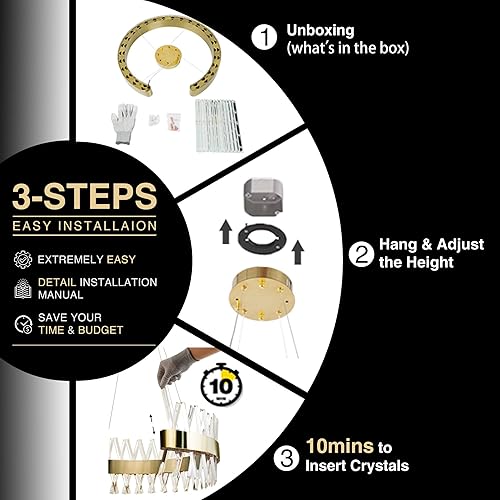 Miniatura 5 de IKK Candelabros dorados para comedores, lámpara de cristal dorado pulido de 24 pulgadas, moderna lámpara redonda con lámpara de acero inoxidable