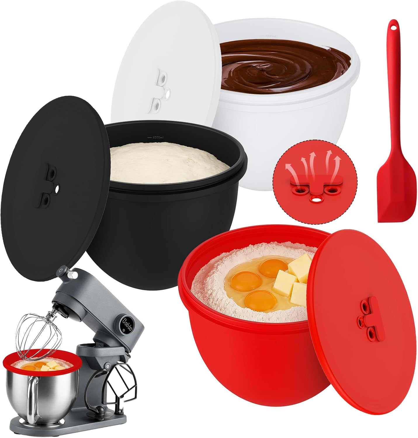 Silicone Bowl Liners for 5 QT KitchenAid Mixers,3 Pack Reusable Kitchen Aid Bowl Liners with Lids & Air Valves for Dough Proofing, Kitchenaid Silicone Liners Heat-Resistant & Dishwasher Safe