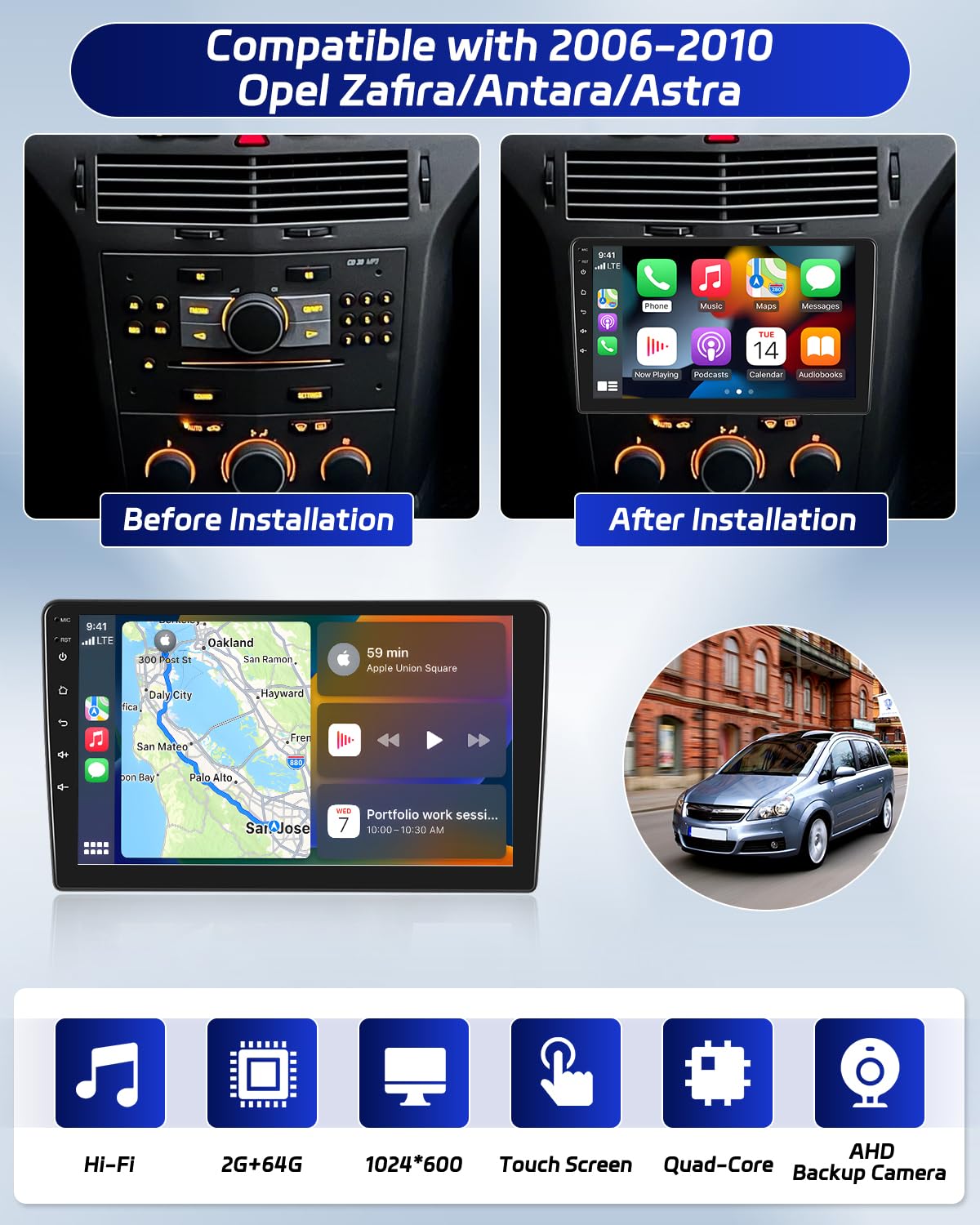 Autoradio Android 13 voor Opel Zafira Antara Astra 2006-2010, 9 inch Touchscreen Radio met Carplay Android Auto GPS WiFi FM/RDS Bluetooth Mirror Link Canbus Achteruitrijcamera&Mic