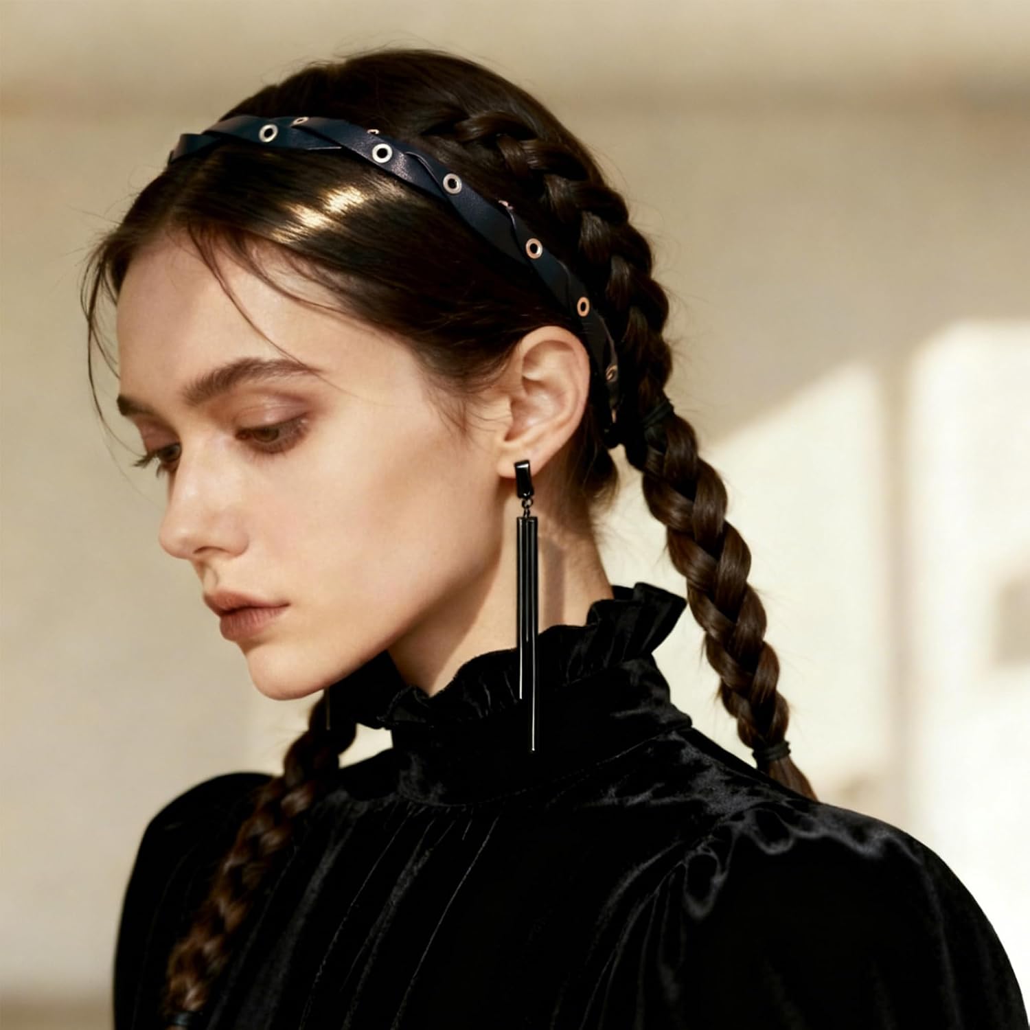 Braided Faux Leather Headband with Silver Grommets, Black image 3