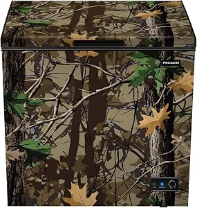 Frigidaire Chest Deep Freezer, 7 Cu. Ft. Capacity, CAMO Design-Adjustable Thermostat-Removable Vinyl Coated Wire Basket-Easy Defrost Drain- Garage Ready