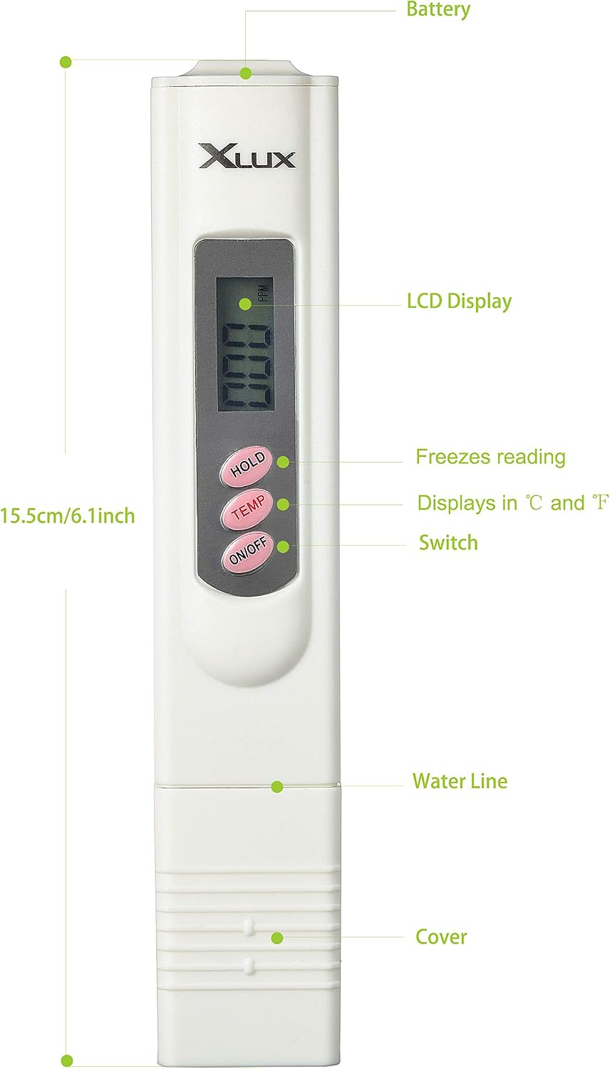 XLUX Digital TDS Meter, Water Quality Tester, 0-9990 ppm Measurement Range, 1 ppm Resolution, 2% Readout Accuracy
