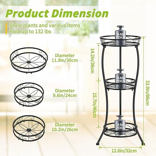 Miniatura 2 de KMOTASUO Soporte de metal para plantas de 3 niveles de alto, soportes de plantas de 33 pulgadas para interiores y exteriores, soporte de hierro