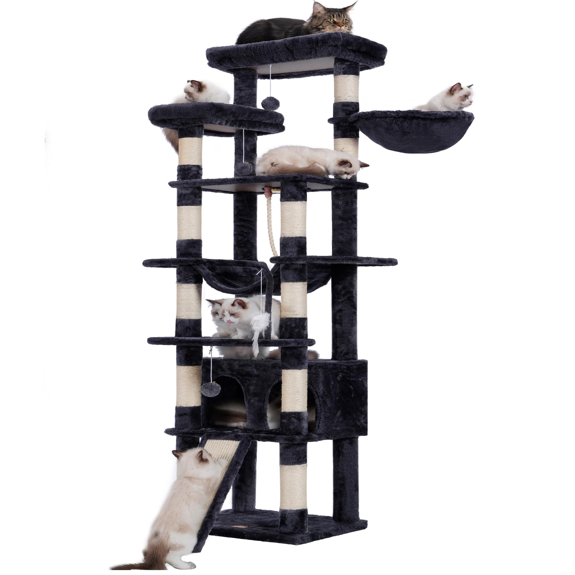 HeyblyTall Cat Tree,78 inch Multi-Level Cat Tower for Indoor Cats,2 Widened Plush Perches Cat Condo with Scratching Board and Big Caves,Smoky Gray HCT033G