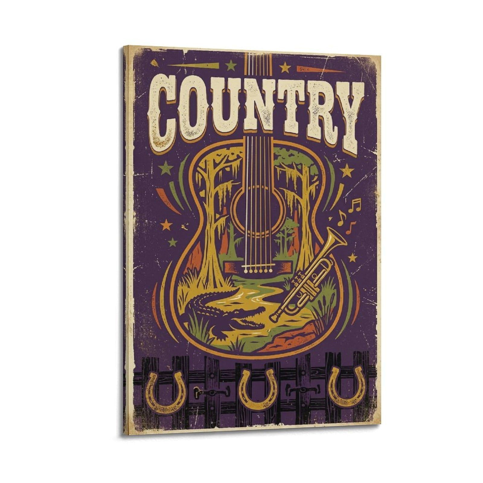 OKNGB Poster decorativo da parete su tela, motivo: coccodrillo e tromba, chitarra, palude, musica country, poster decorativo moderno per camera da letto, 60 x 90 cm