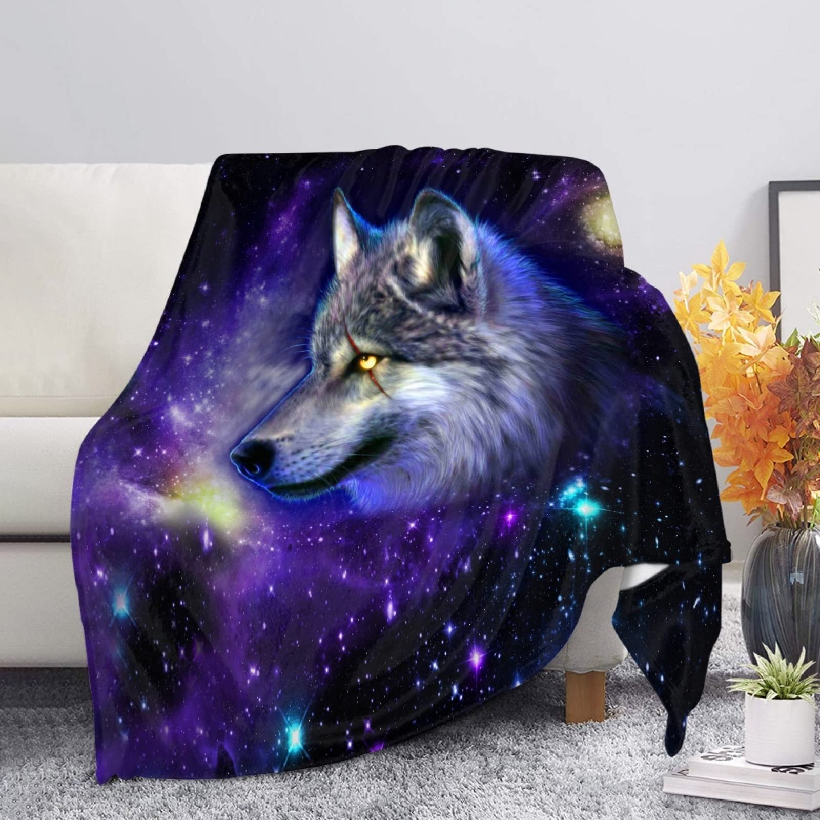 Wanyint Galaxy Wolf Print Throw Blanket Outer Space Animal Blue Nebula Soft Cozy Fuzzy Warm Throws for Adults Kids Boys Girls Nap Blanket for Bed Sofa Couch