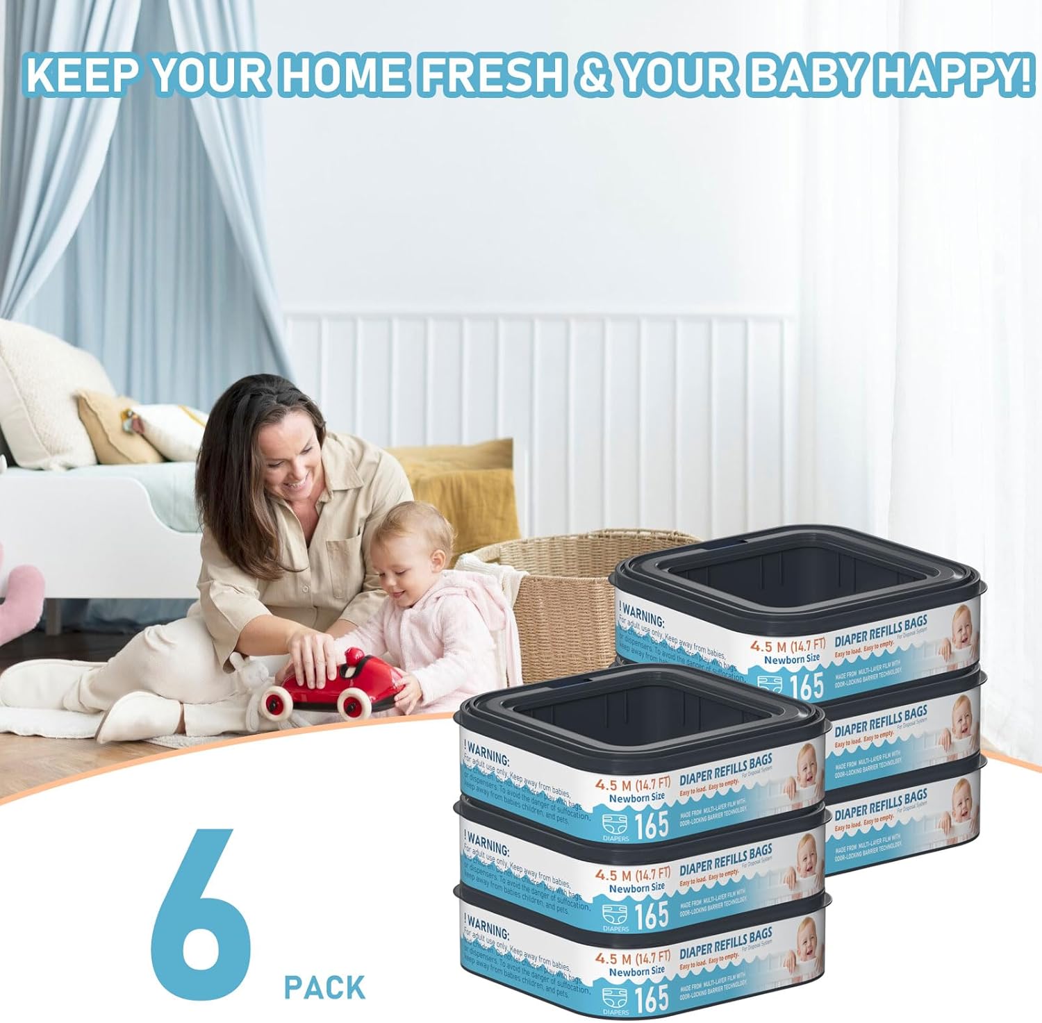 Square Starter Refills Disposal Bags Refill Compatible with Diaper Genie Classic, Compact and Select Pails, Hold Up to 165 Newborn-Sized Diapers Per Refill, 6 Pack