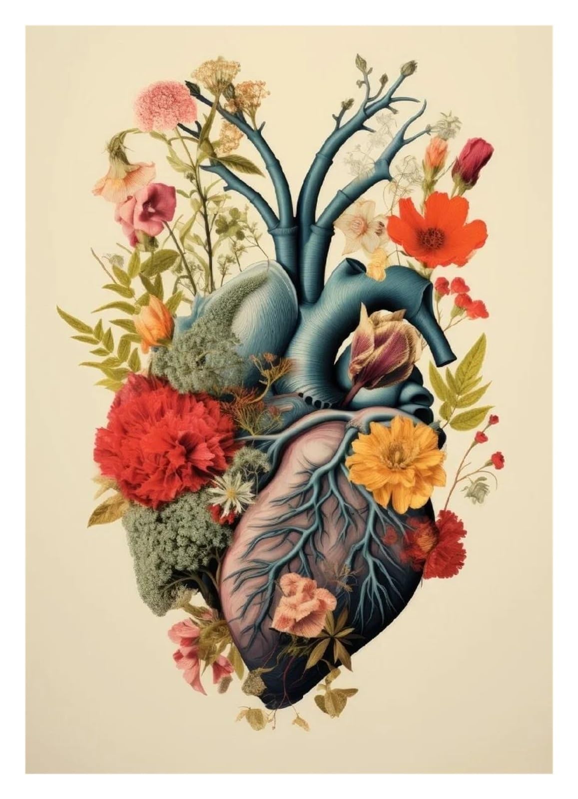 Lienzo de corazón botánico con diseño de disección médica y flores vintage de 30x40cm
