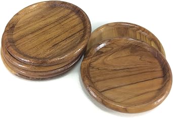perfect2desire Coasters Wood Circle Saucers Drink Handmade Teak Wood Holders Dispensers Cup Holder 6 Pieces