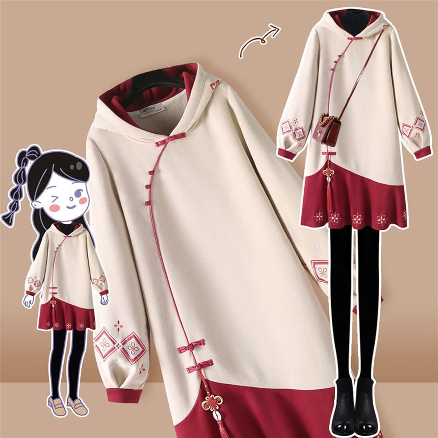 Spring Women Sweatshirt Dress Women Mid-length Traditional Chinese Style Hanfu Cheongsam Hoodies Oversized Hoodie