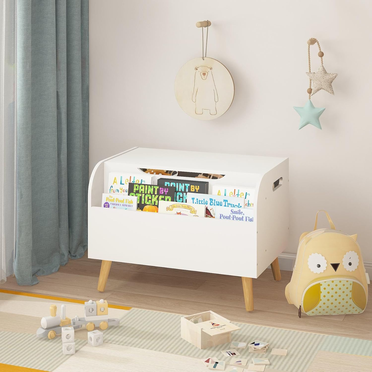 GDFStudio Large Toy Box Storage with 4 Wood Legs, Kids Toy Organizer with Front Bookshelf, Flip-Top Lid, Safety Hinge, Wooden Toys Chest Children's Storage Furniture for Boys and Girls, White