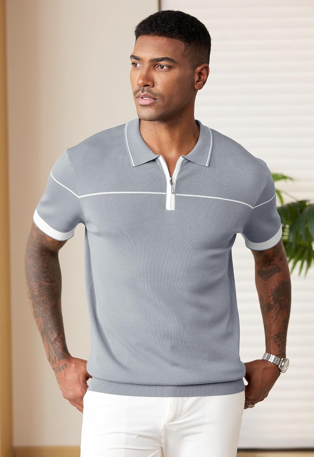Men Quarter Zip Lyocell Knit Polo Dress Collared Stripe Shirts(S-XXL)