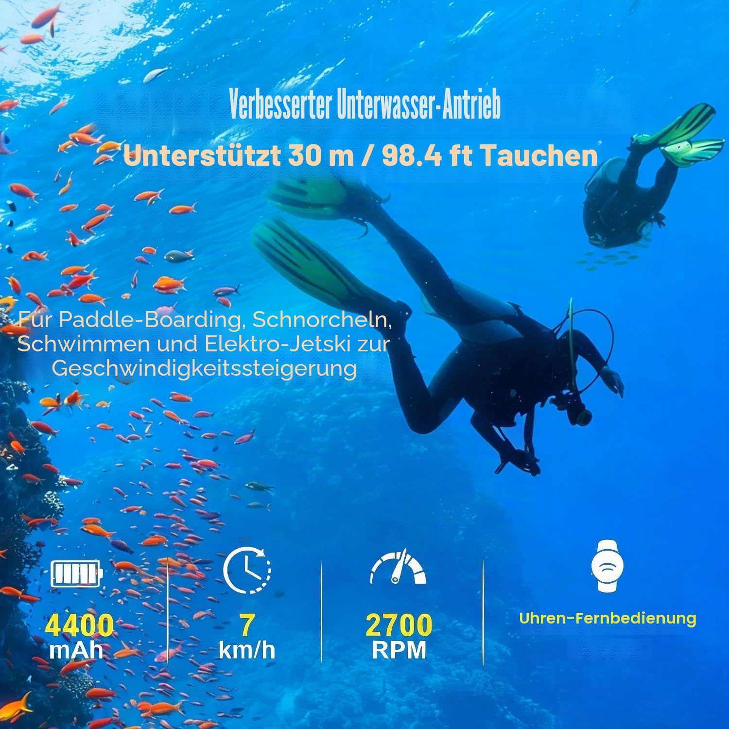 Elektrischer Unterwasser-Scooter, 500 W, 40 m Freitauchen, Schnorcheln, Meer-Roller, bürstenloser Motor, 60 Minuten Wasserscooter für Pool