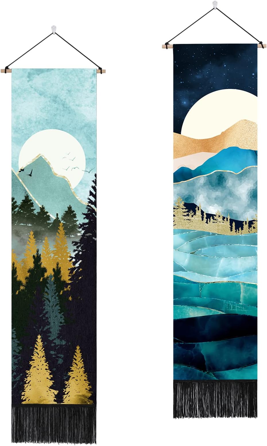 AWAYTR Long Mountain Tapestry Wall Hanging - 2PCS Forest Tree Sunset Starry Night Sky Nature Landscape Tapestries for Bedroom (Forest)
