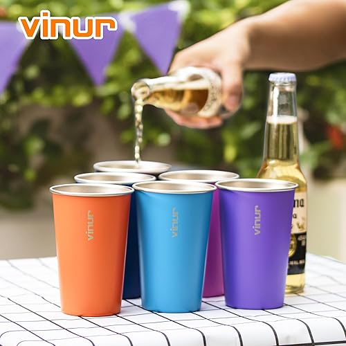 Miniatura 6 de VINUR Vasos de acero inoxidable de 16 onzas, paquete de 4 vasos de pinta apilables de metal para viajes, campamento, exteriores (morado, rosa, azul