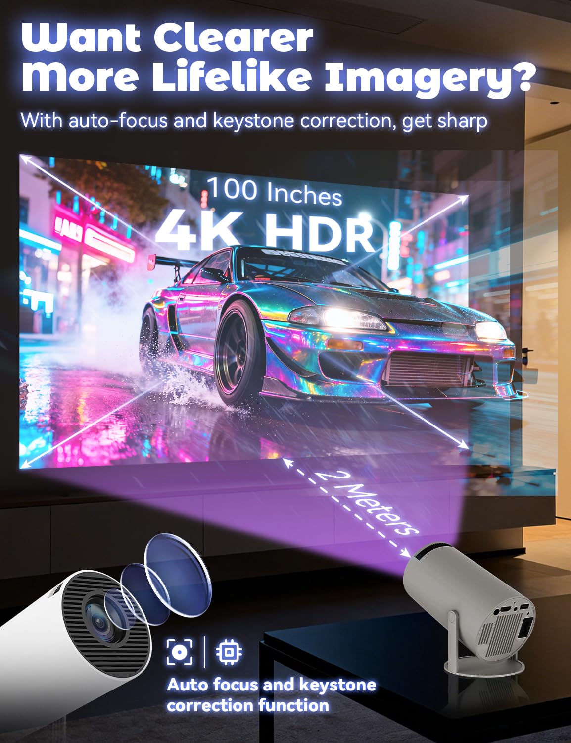 Faux Projecteur De Fenêtre – Mini Projecteur 1080P avec WiFi Et Bluetooth, Correction Automatique du Trapèze, Faible Latence Et Rotation À 180°, Vidéo Portable Intelligent