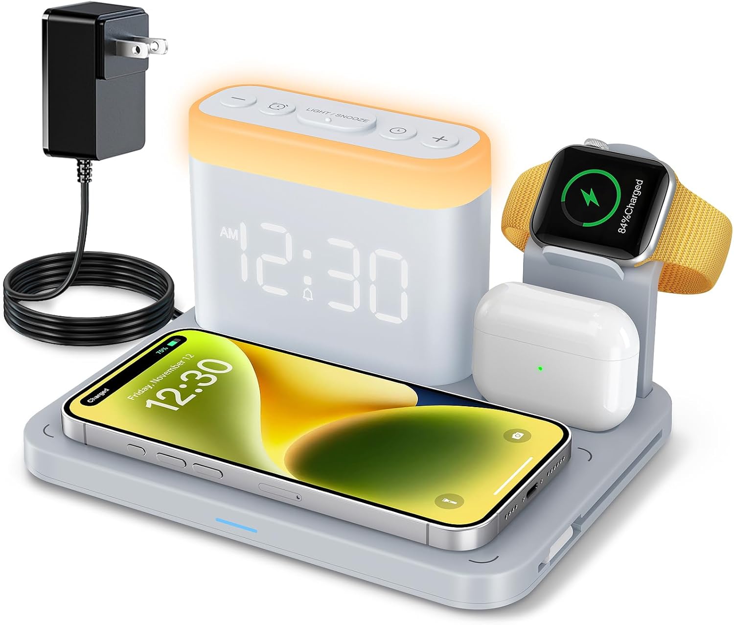 ANJANK Wireless Charging Station,5 in 1 Multiple Charger Stand with Alarm Clock,7 Night Light,Mag-Safe Charging Dock for iPhone 17 16 15 14 13 12 Pro Max Plus,Apple Watch 11/10/9/8,for Airpods,Bedroom