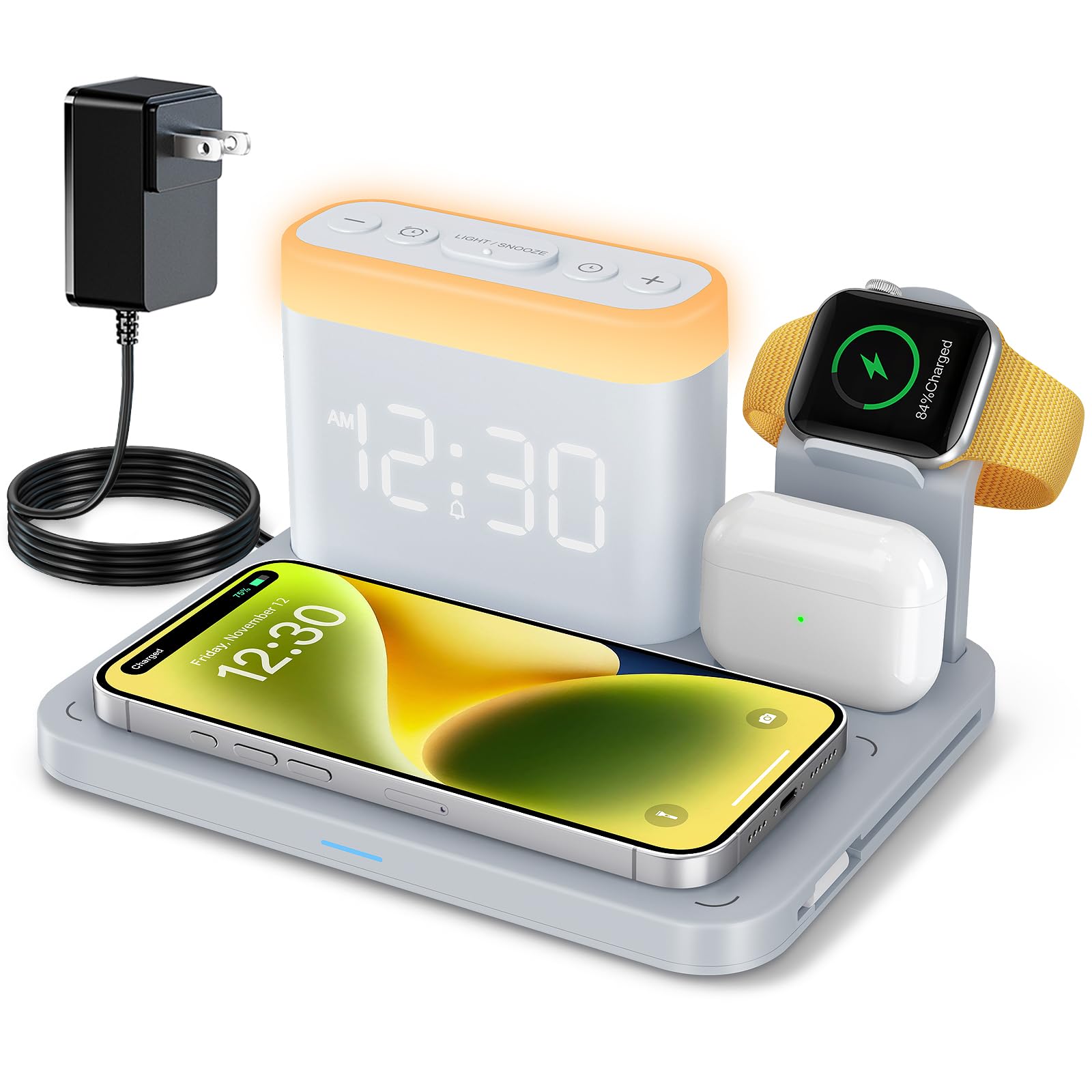 ANJANK Wireless Charging Station with Alarm Clock & Night Light,Magnetic 5 in 1 Charger Stand for Multiple-Device,Charging Dock for iPhone 17 16 15 14