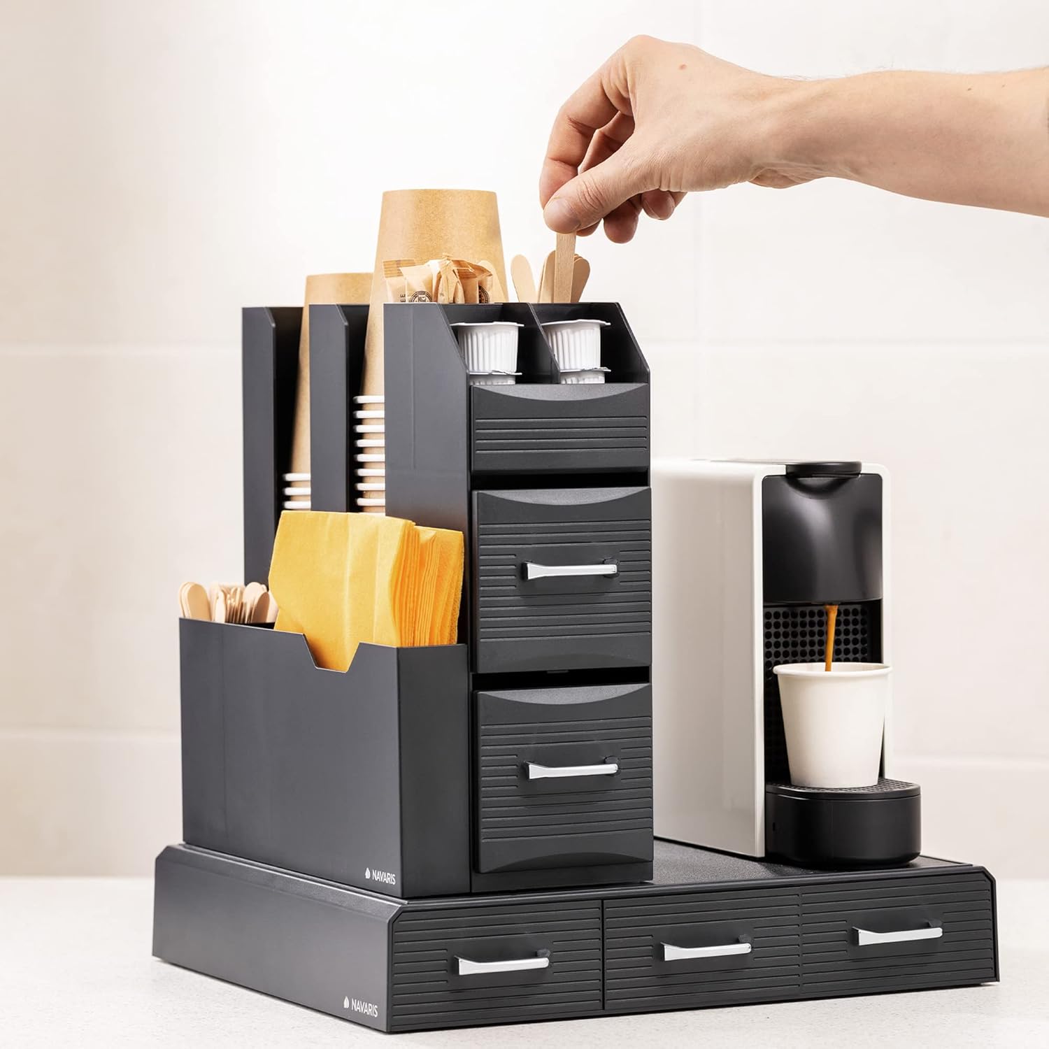 Navaris Coffee Capsule Holder and Organiser - Storage Box Coffee Accessories with 3 Compartment Drawers - Compatible with Most Standard Capsule Sizes - Black