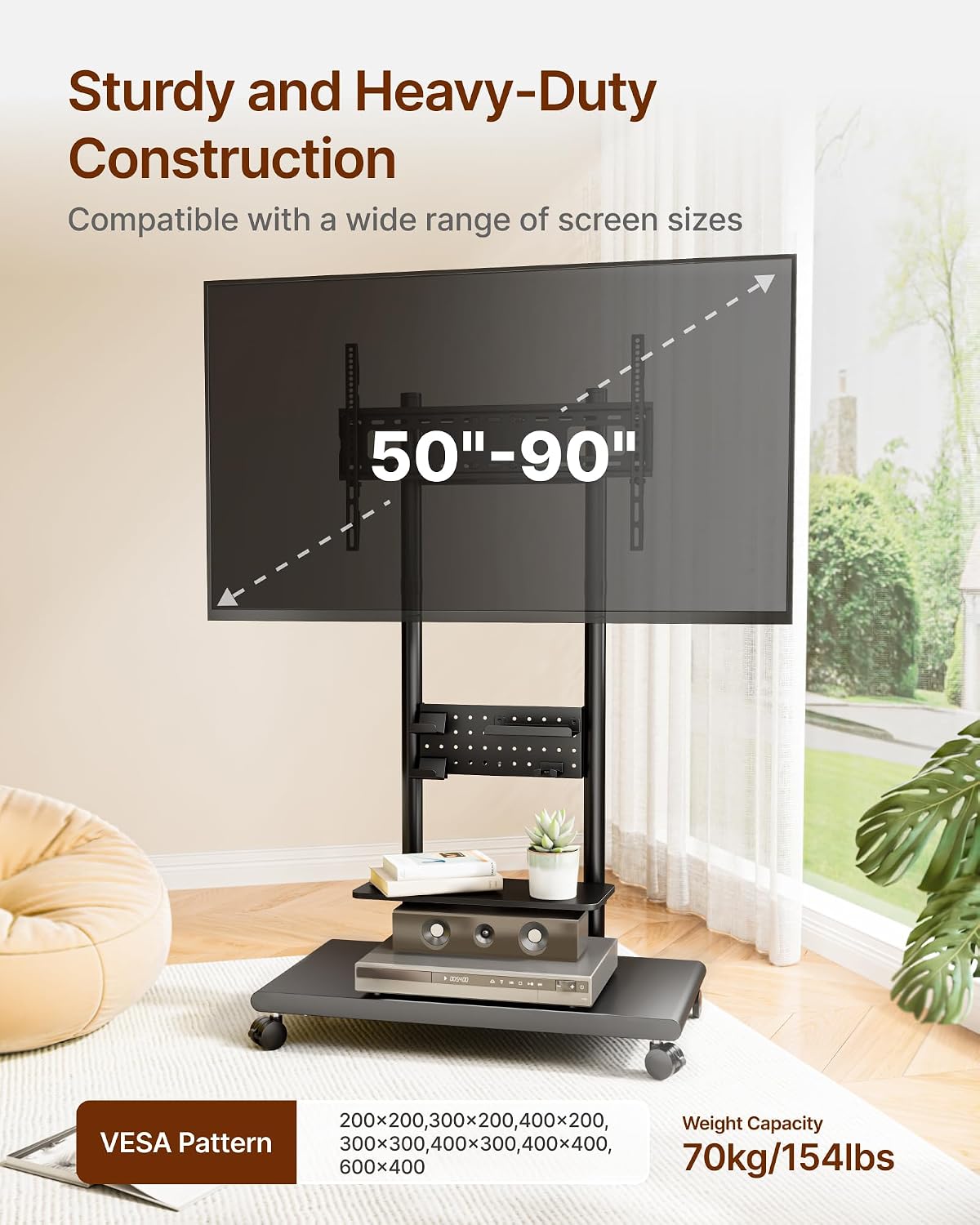 Heavy-Duty Rolling TV Stand for 50–90″ TVs, Supports up to 198 lbs (154 lbs TV + 22 lbs Per Shelf), Height Adjustable Tilt Swivel Rolling TV Cart with Pegboard Storage, Max VESA 600×400, Black