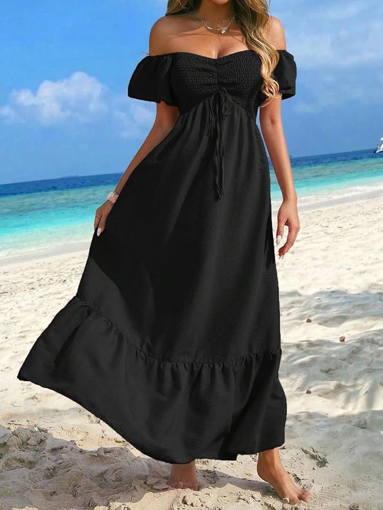 Amazon.com: Beach Women's Black Dress Women's Solid Color Ruffled Off-Shoulder Dress Maxi Beach : Clothing, Shoes & Jewelry Amazon.com: Beach Women's Black Dress Women's Solid Color Ruffled Off-Shoulder Dress Maxi Beach : Clothing, Shoes & Jewelry