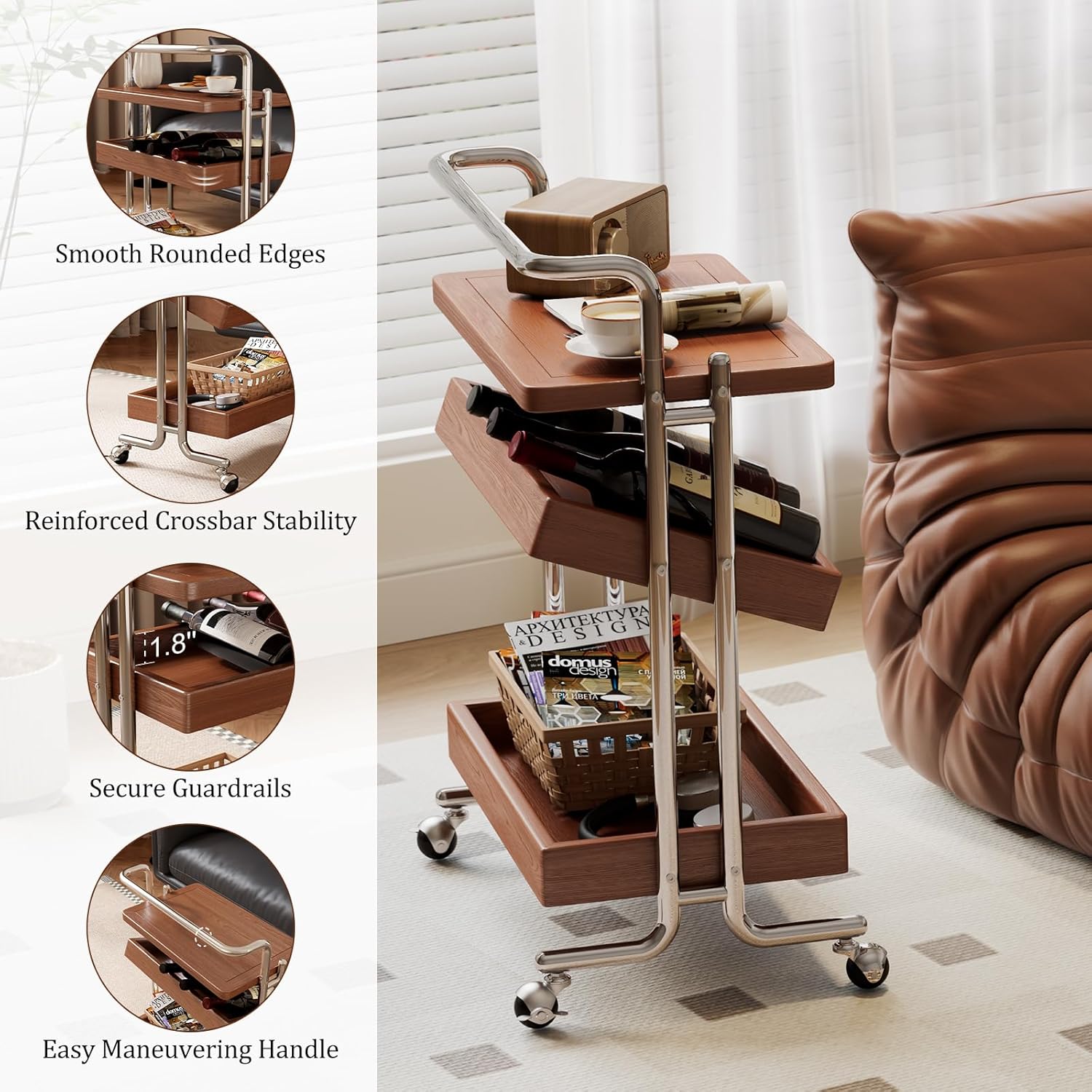Solid Wood Rolling End Table Cart with Adjustable Storage - 3-Tier Stainless Steel Fame Side Table on Wheels Narrow Bedside Storage Table Small Bar Serving Cart for Living Room