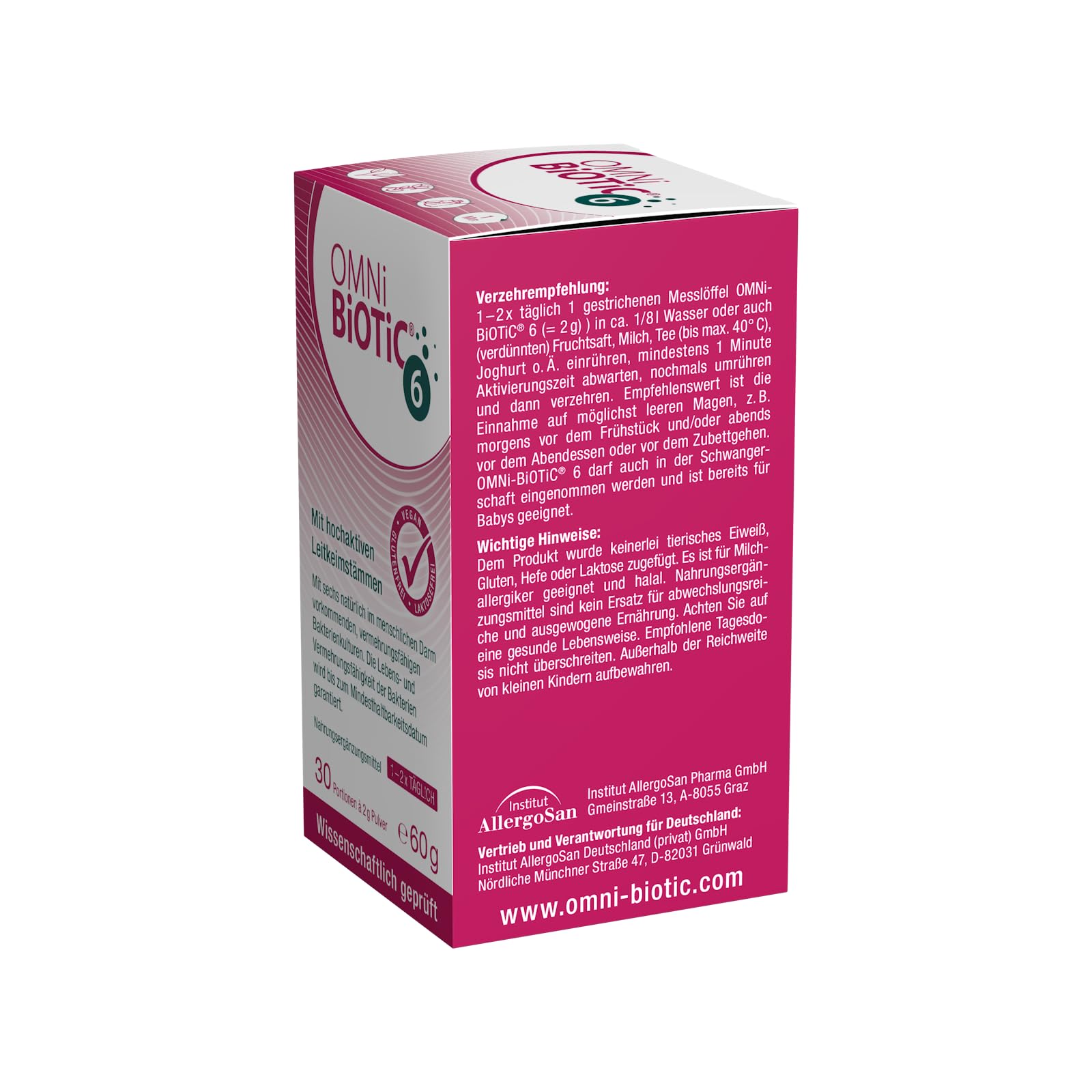 OMNi BiOTiC 6 | El compañero diario para una buena sensación abdominal | Adecuado para todos los días y todas las edades | 30 porciones (60 g) | 6 cepas de bacterias | Polvo | Con inulina | Vegano |