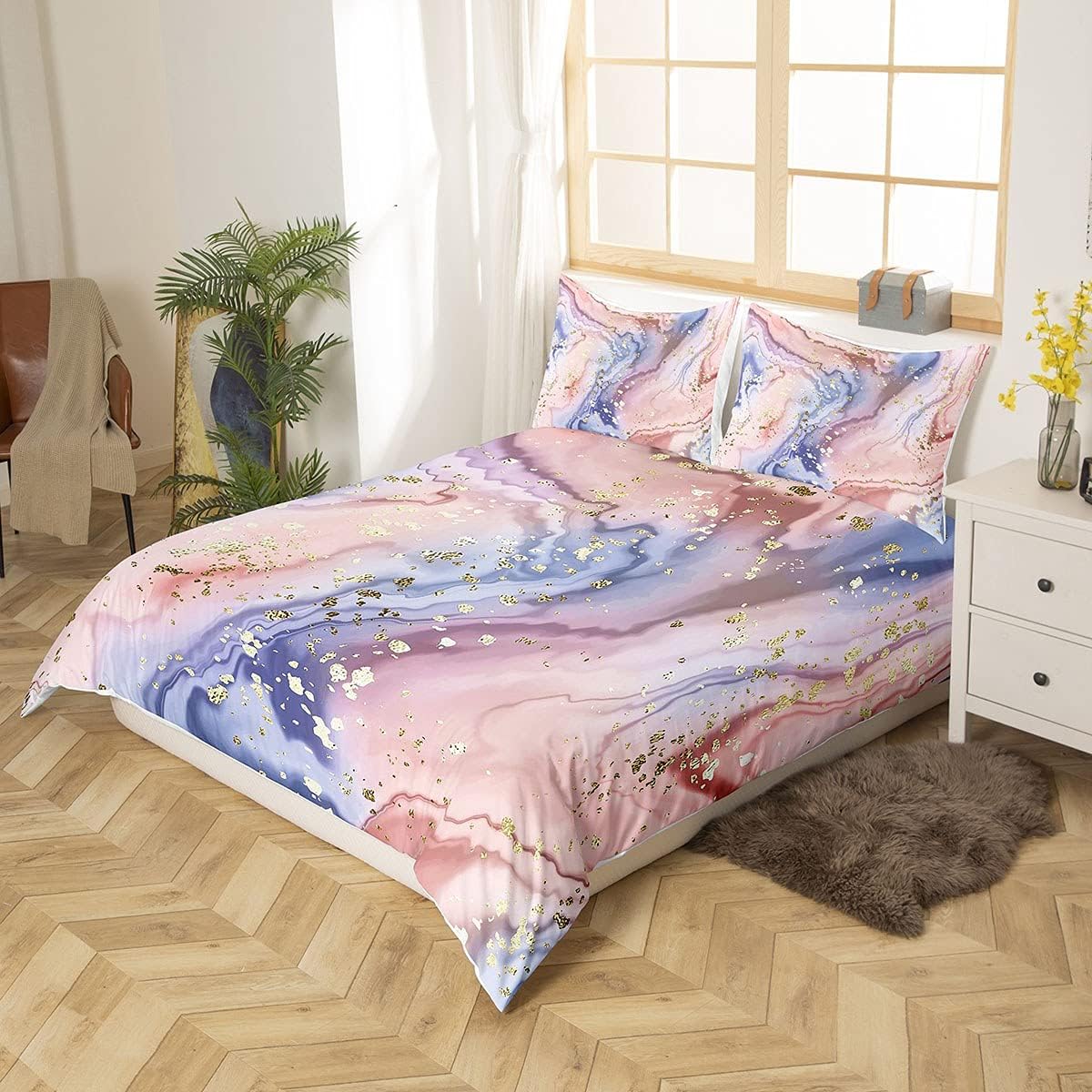 Feelyou Girls Pink Marble Duvet Cover Women Purple Blue Marble Texture Comforter Cover Gold Glitter Abstract Art Painting Bedding Set Kids Girly Colorful Modern Room Decor Twin Size (No Comforter)