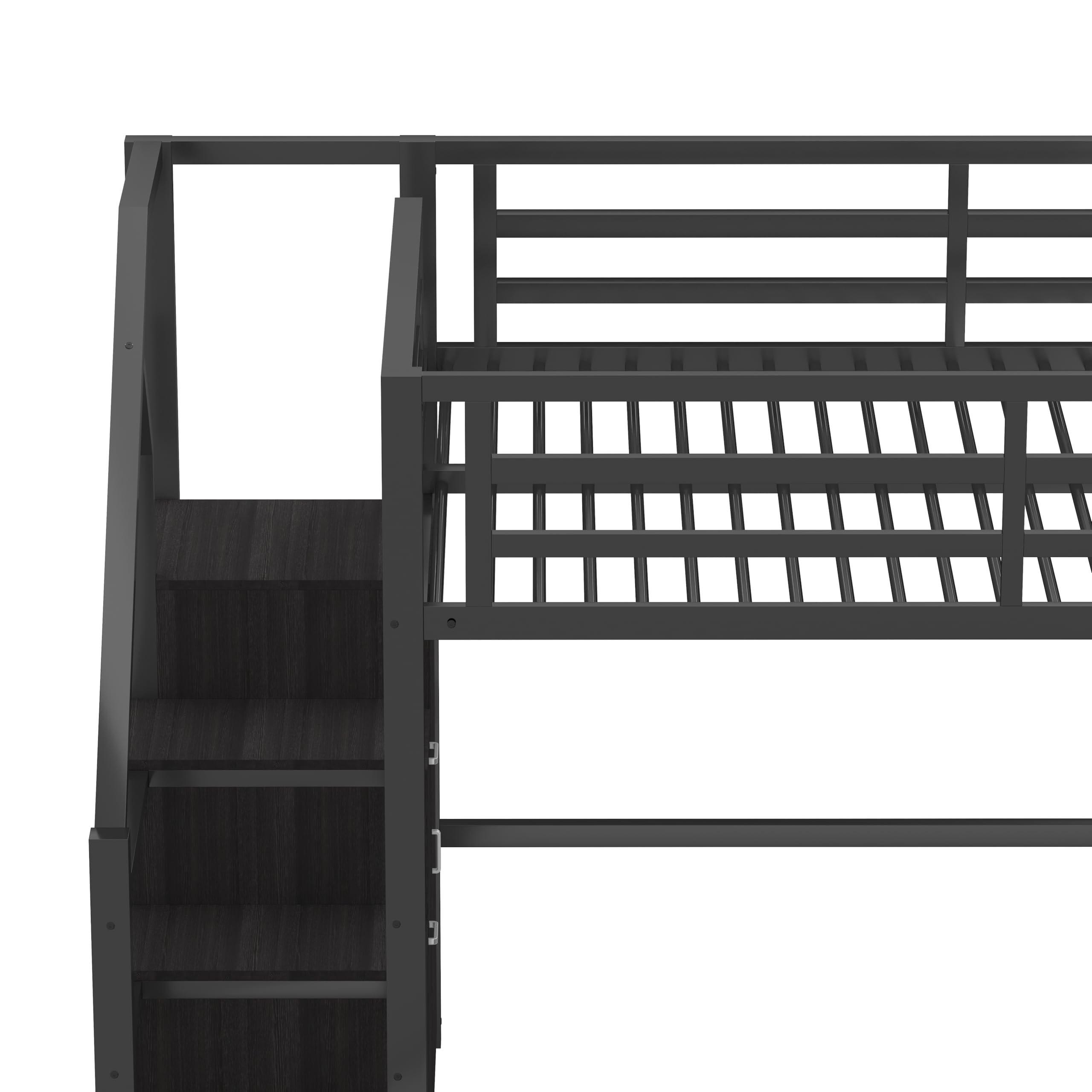 Moimhear Cama alta de metal de 140 x 200 cm, con escalera, armario, compartimentos de almacenamiento, iluminación LED, color negro