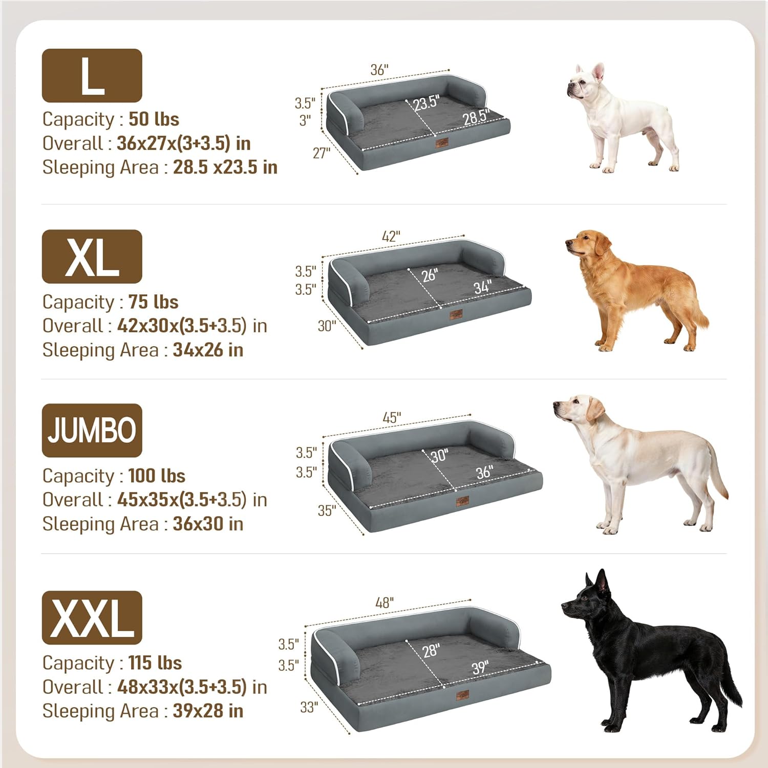 Comfort Expression Extra Large Dog Bed - XL Washable Orthopedic Dog Bed Waterproof Pet Couch Memory Foam Sofa Bolster with Removable Cover - 42 x 30