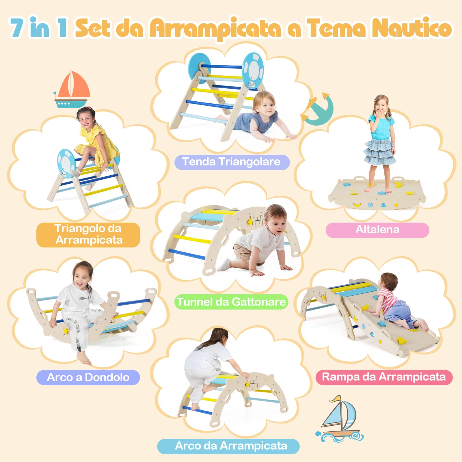 RELAX4LIFE Set da Arrampicata per Bambini, Triangolo di Arrampicata con Scivolo e Arco, Gioco di Incastri in Legno, Gioco Montessori per Bambini 1+ Anni (Marinaio-3 Pezzi | Macaron)